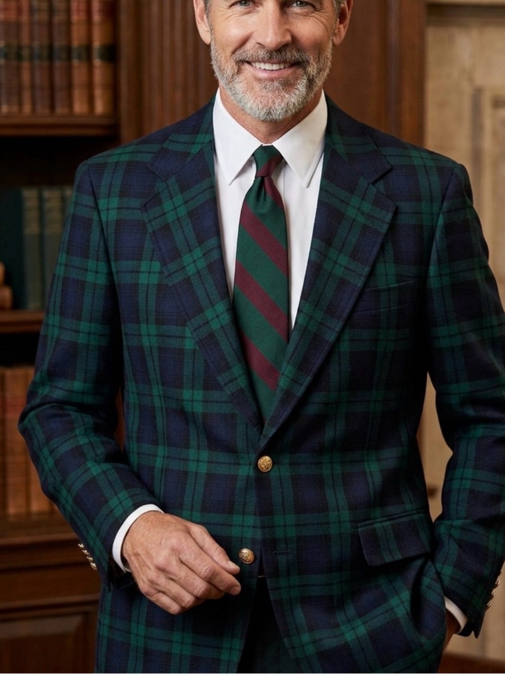 VINTAGE John Weitz Black Watch Tartan Blazer 40R Silk Gold Crest Lining Ivy Prep